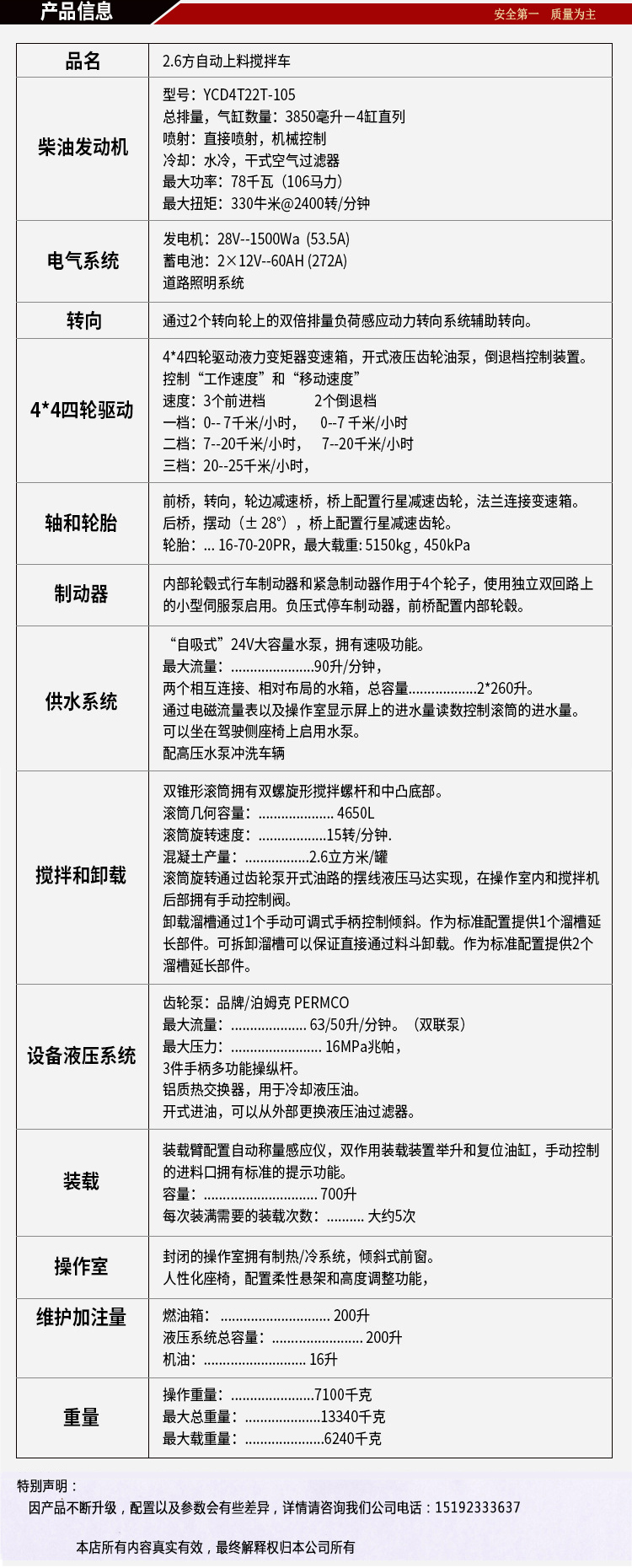 魯尊 2.6方自上料攪拌車 配置 產品詳情